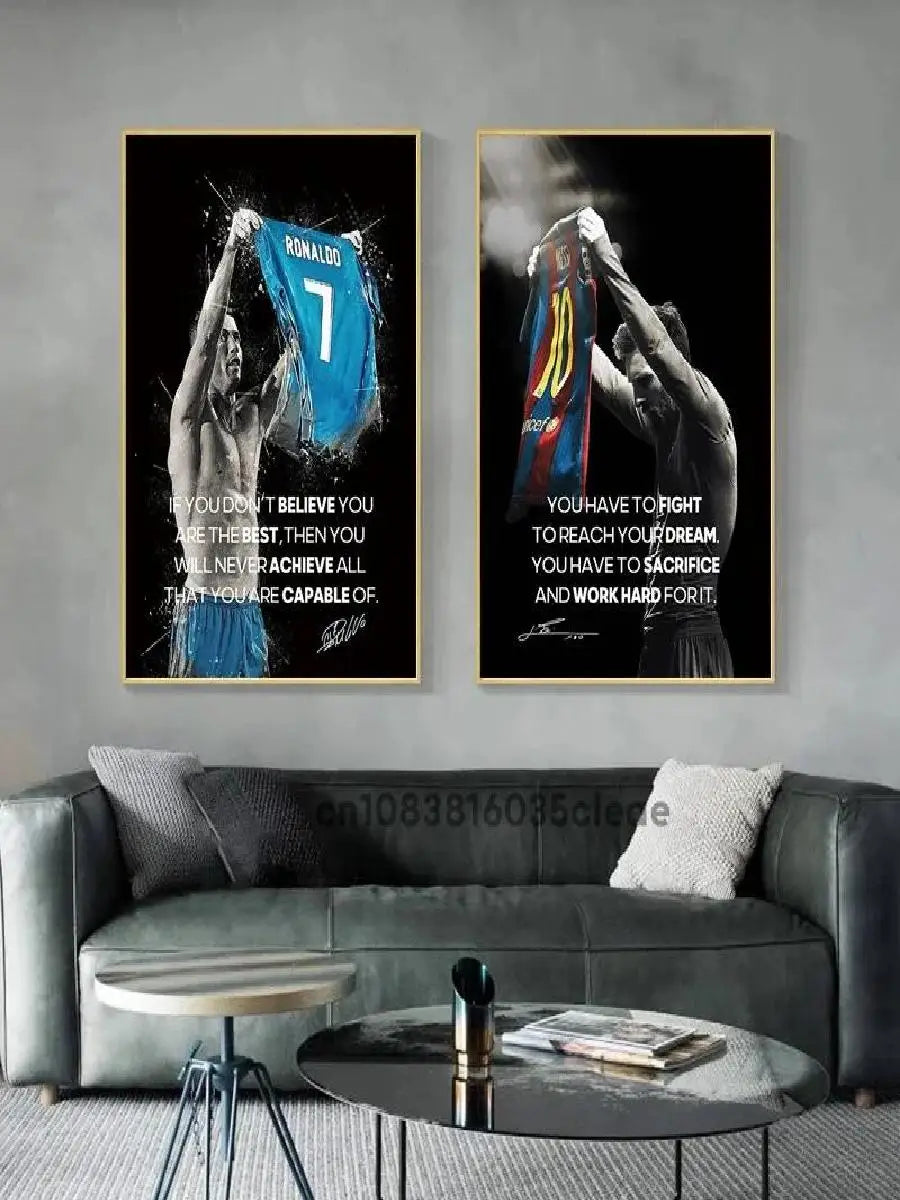 Leyendas Cristiano Ronaldo y Lionel Messi | Lienzo decorativo con frases motivacionales