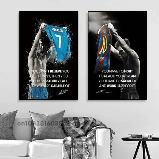 Leyendas Cristiano Ronaldo y Lionel Messi | Lienzo decorativo con frases motivacionales